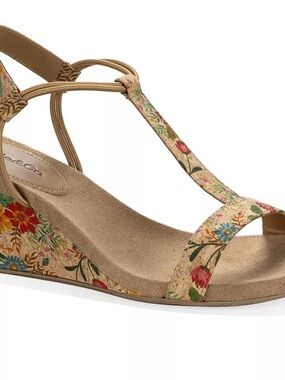 Women's Floral T-Strap Tan Suede Sandals